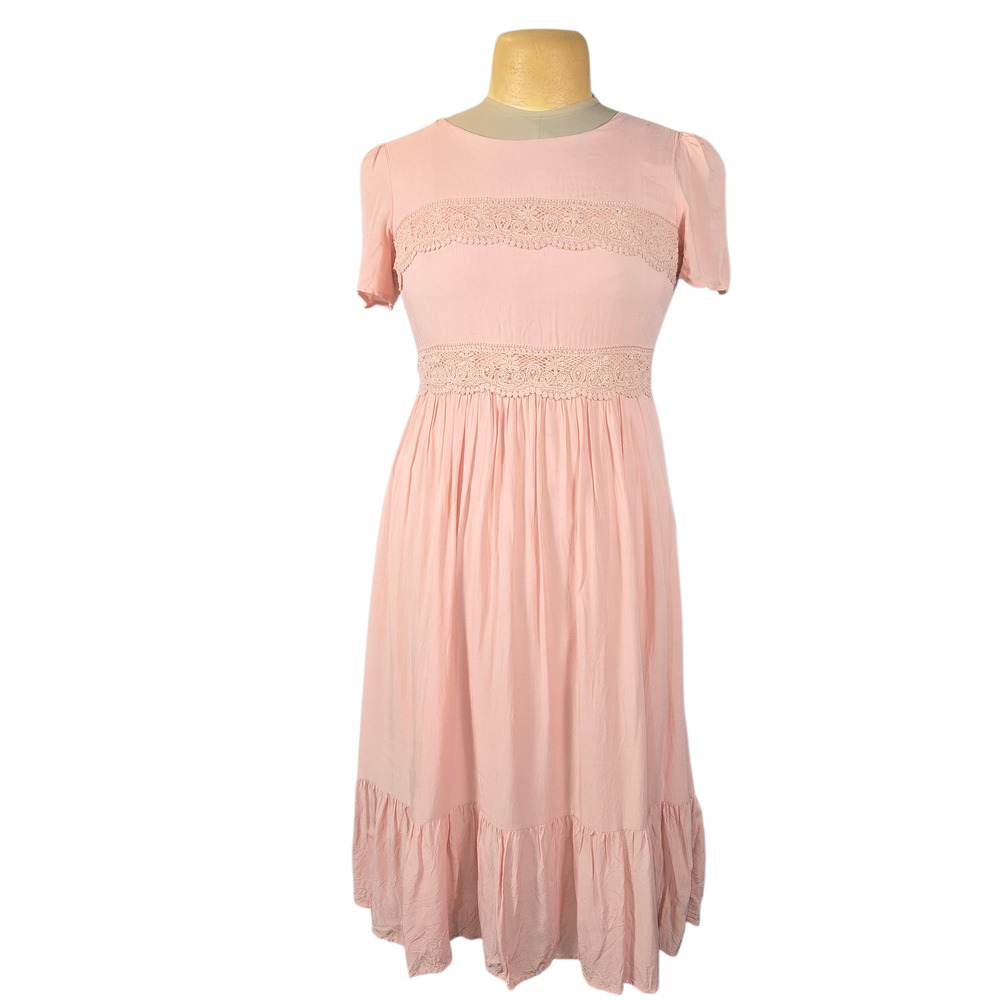 Vanilla Bay Women's Pink Lace Inset Boho Midi‎ Dress Size M Short Sleeve Ruffle